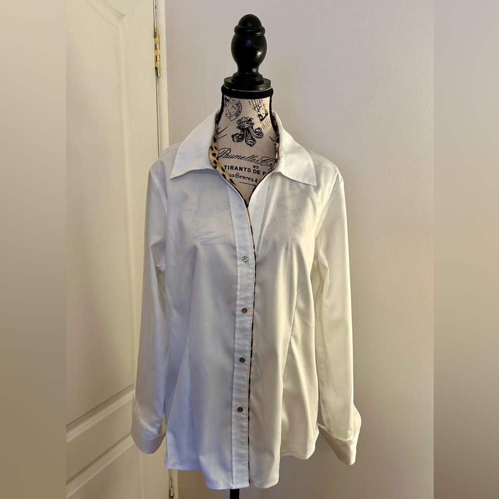 Calvin Klein White Button-Up Blouse with leopard trim- New never worn